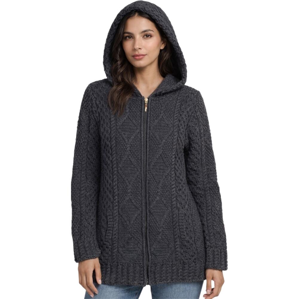 Vintage Blarney Sweater Jacket Merino Wool Full Zip Hood Cable Fisherman Knit XS